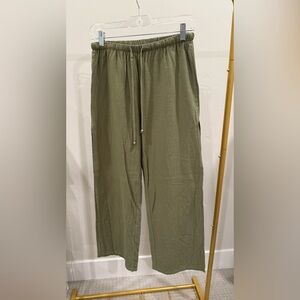 Side Slit Drawstring Beach Pant in Olive. Lightweight. Perfect for summer.